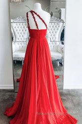 One Shoulder Open Back Red Long Semi Formal Prom Dresses, Backless Red Formal Graduation Evening Dresses